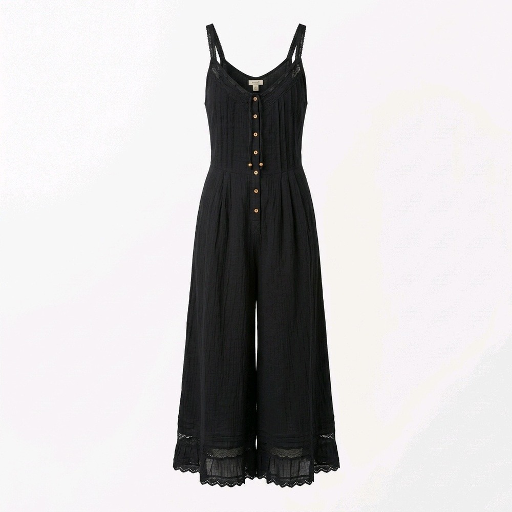 Natural Life Womens Black Gauze Wide Leg Capri Jumpsuit Lace Eyelet Boho Large